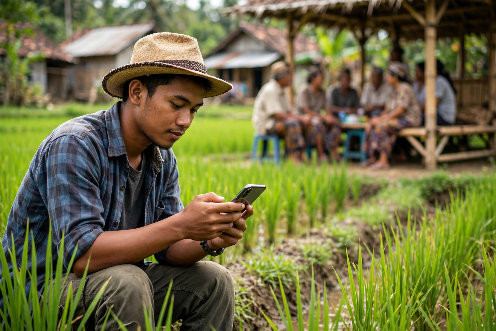 Petani muda desa menggunakan ponsel untuk mengakses informasi demi partisipasi masyarakat