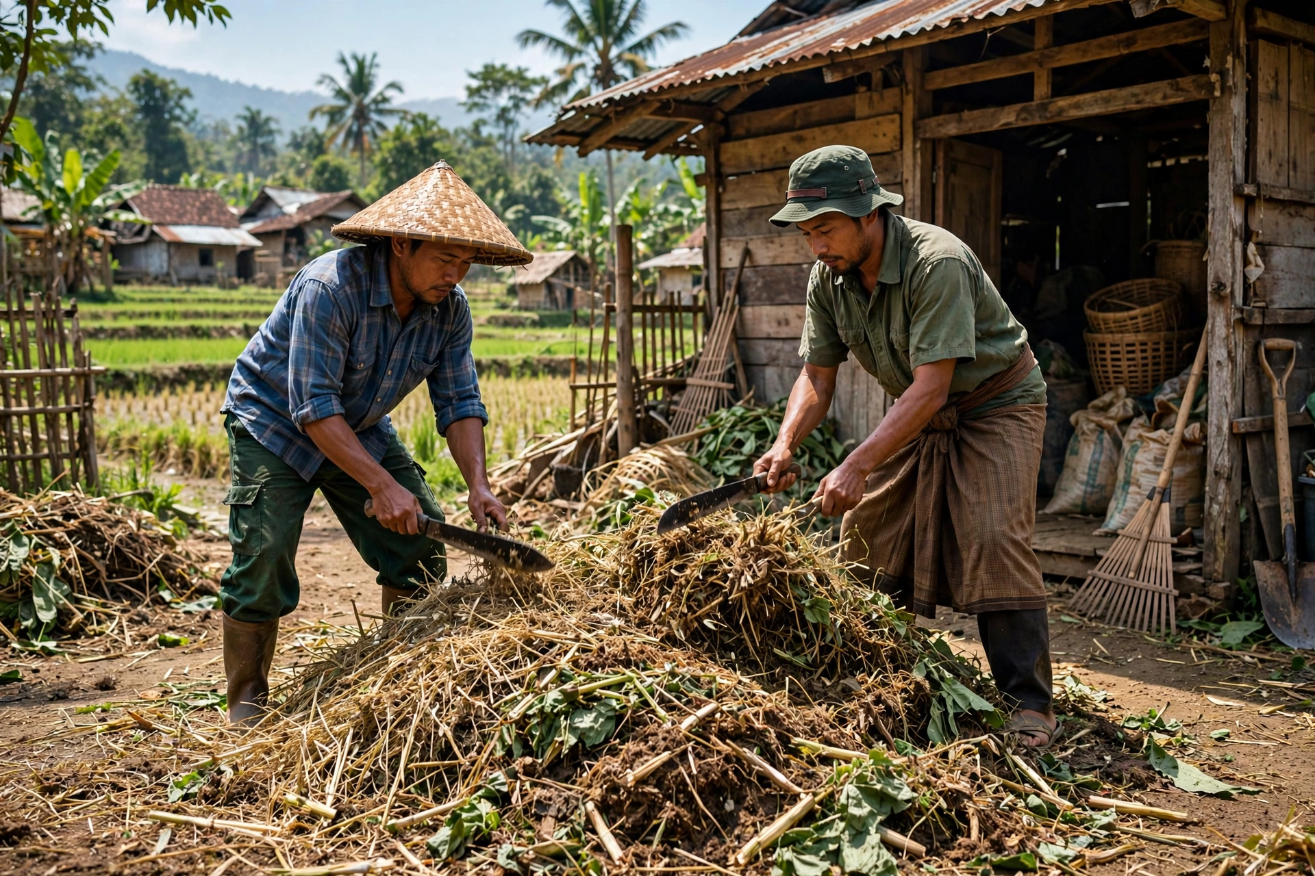 Petani desa membuat pupuk organik dari sisa tanaman jerami menjadi kompos