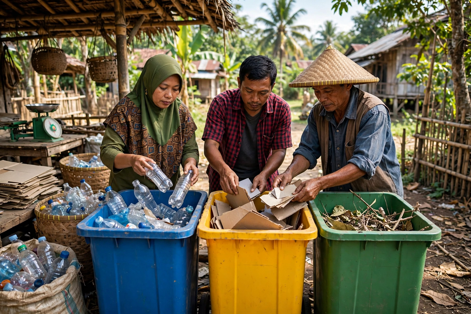 Warga desa memilah sampah plastik dan kertas di bank sampah desa dengan teknologi daur ulang