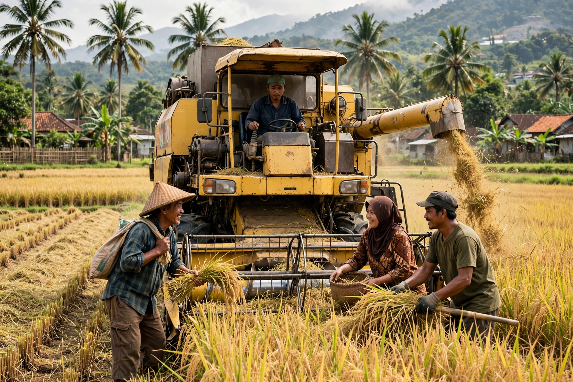 Petani memakai sewa alat pertanian pemanen padi di sawah desa