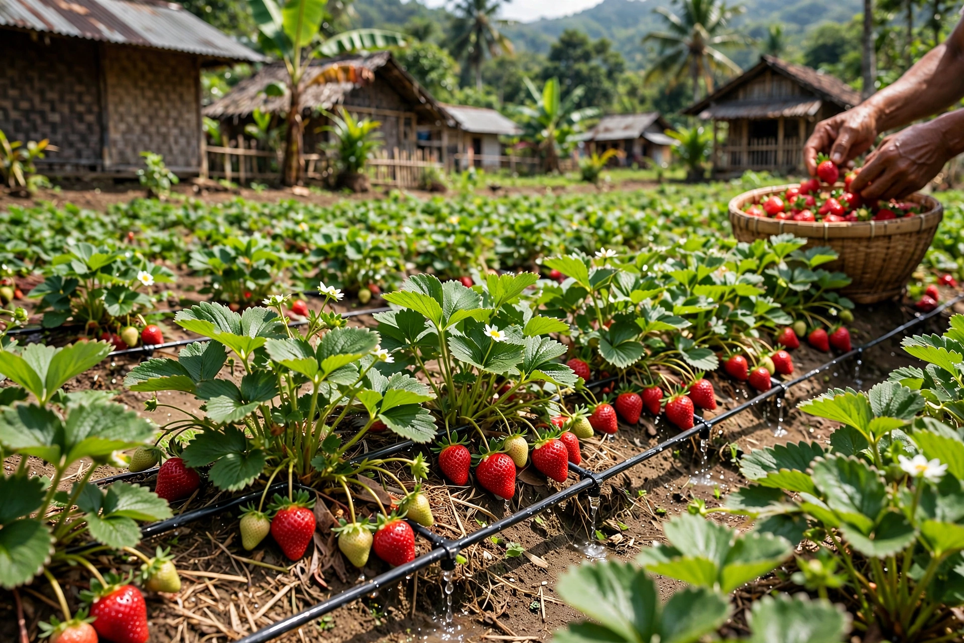 Kebun stroberi desa dengan sistem irigasi tetes mikro yang subur