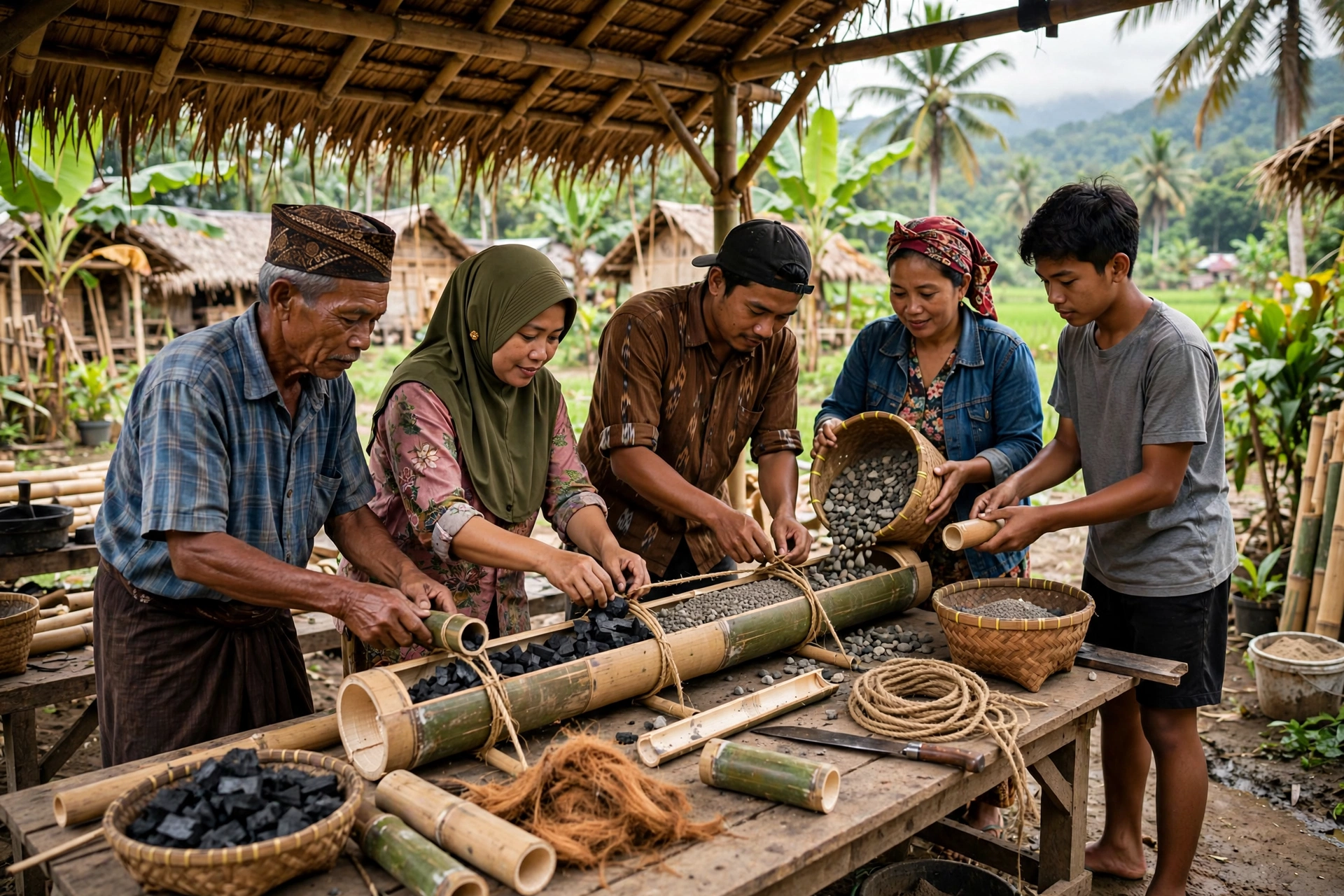 Gotong royong warga desa membangun teknologi tepat guna berupa filter air sederhana