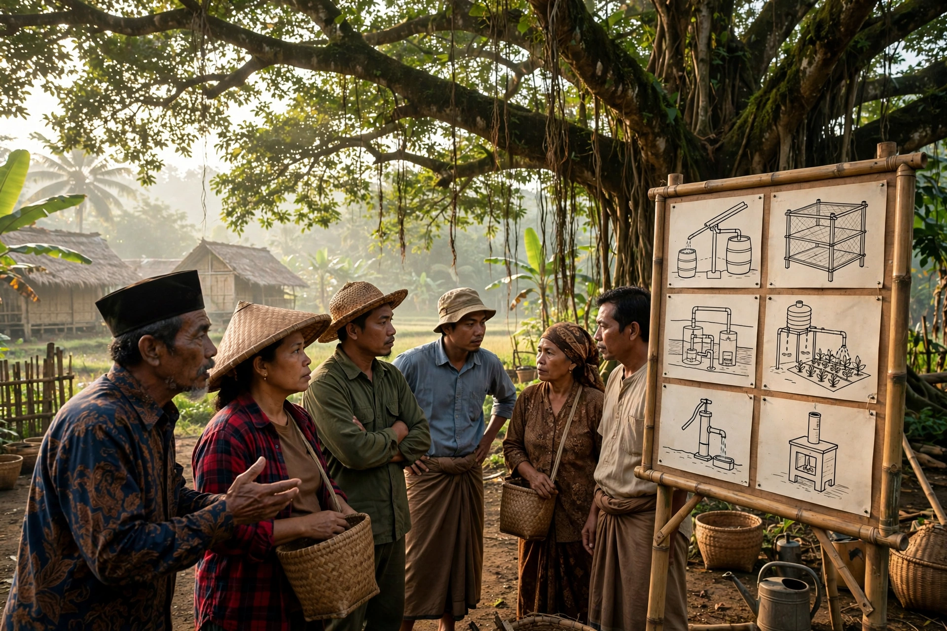 Musyawarah warga desa membahas pengembangan teknologi tepat guna di bawah pohon besar