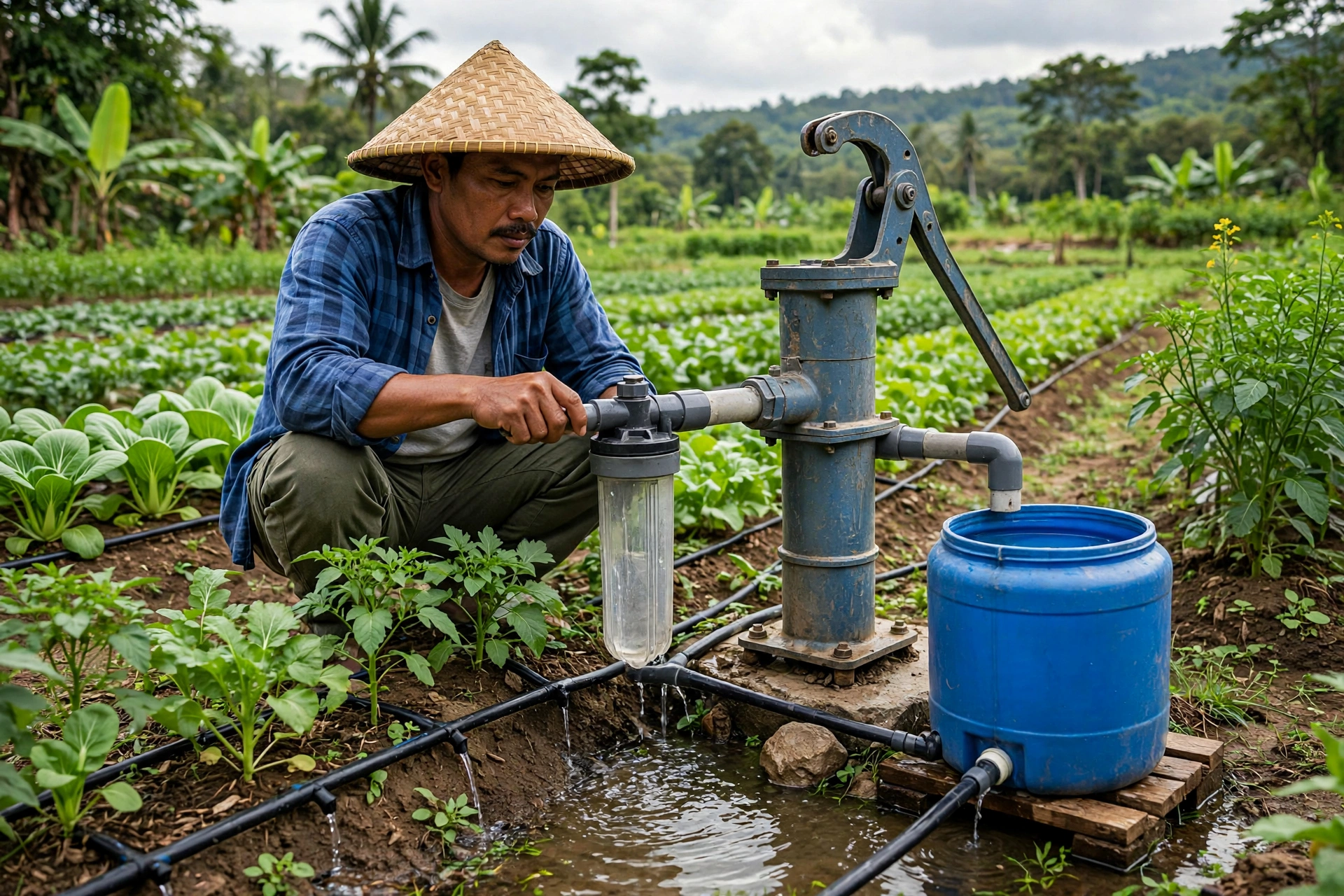 Petani menguji kualitas sumber air irigasi tetes dari sumur bor untuk lahan desa