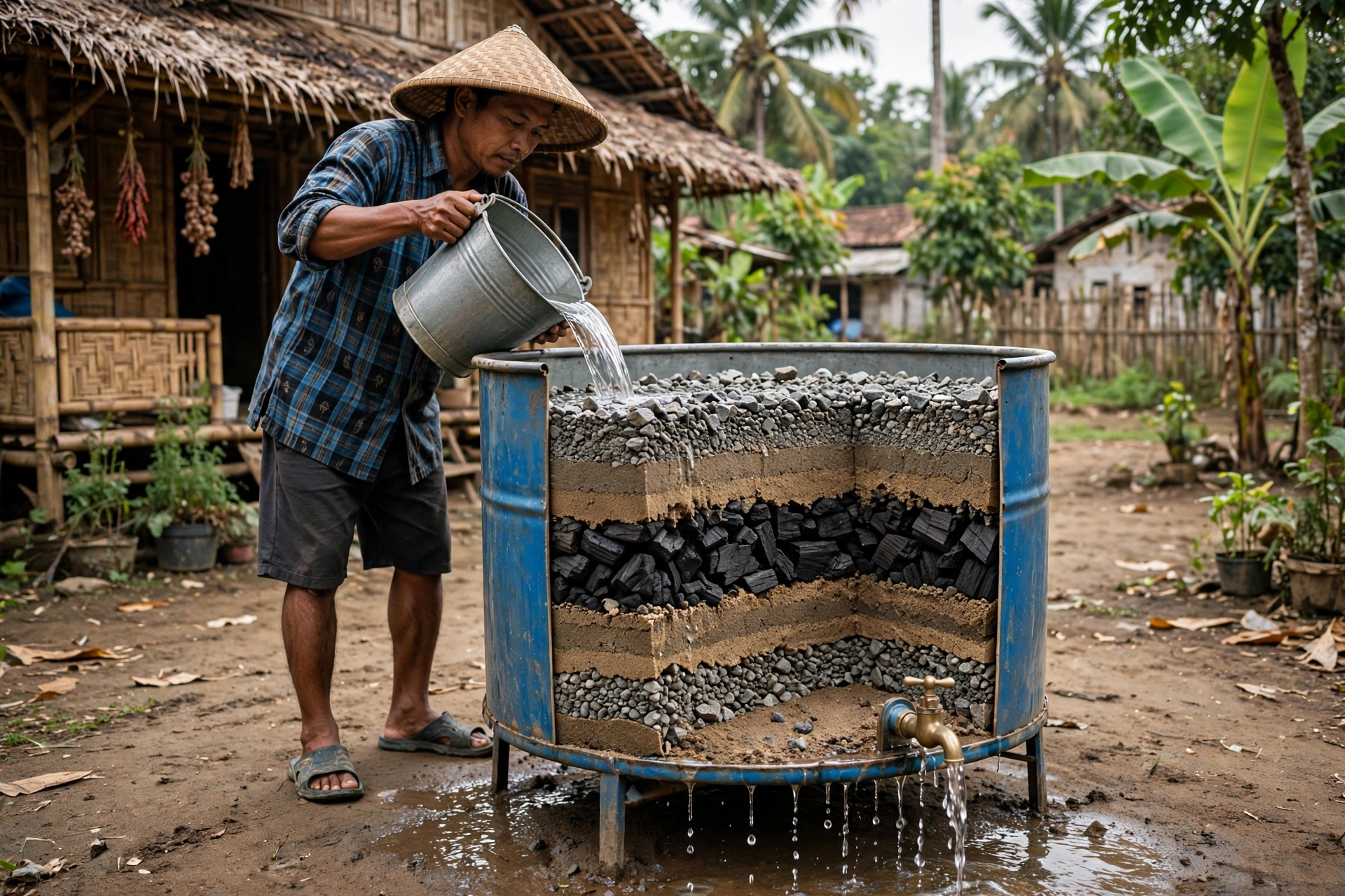 filter air pasir drum berlapis di desa Indonesia