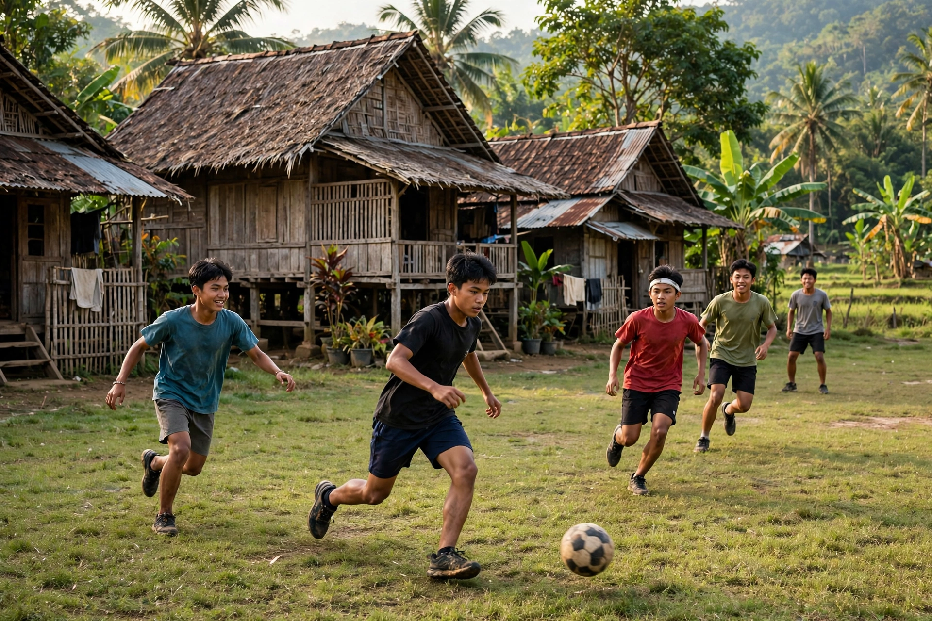 Gaya hidup sehat: pemuda desa berolahraga pagi bersama di lapangan desa