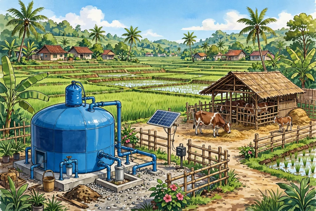 Ilustrasi instalasi biogas desa di Indonesia dengan digester, sapi, dan sawah hijau