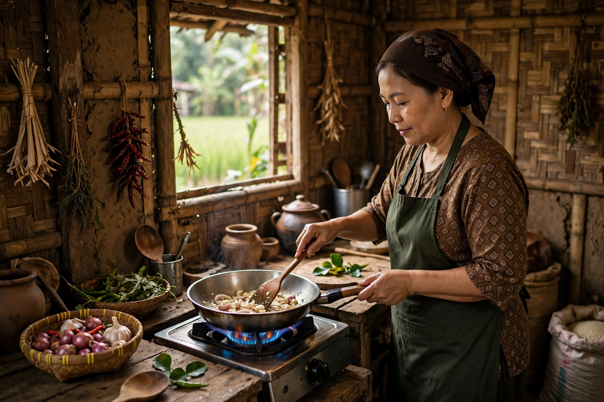 Ibu memasak dengan kompor biogas desa di dapur pedesaan Indonesia