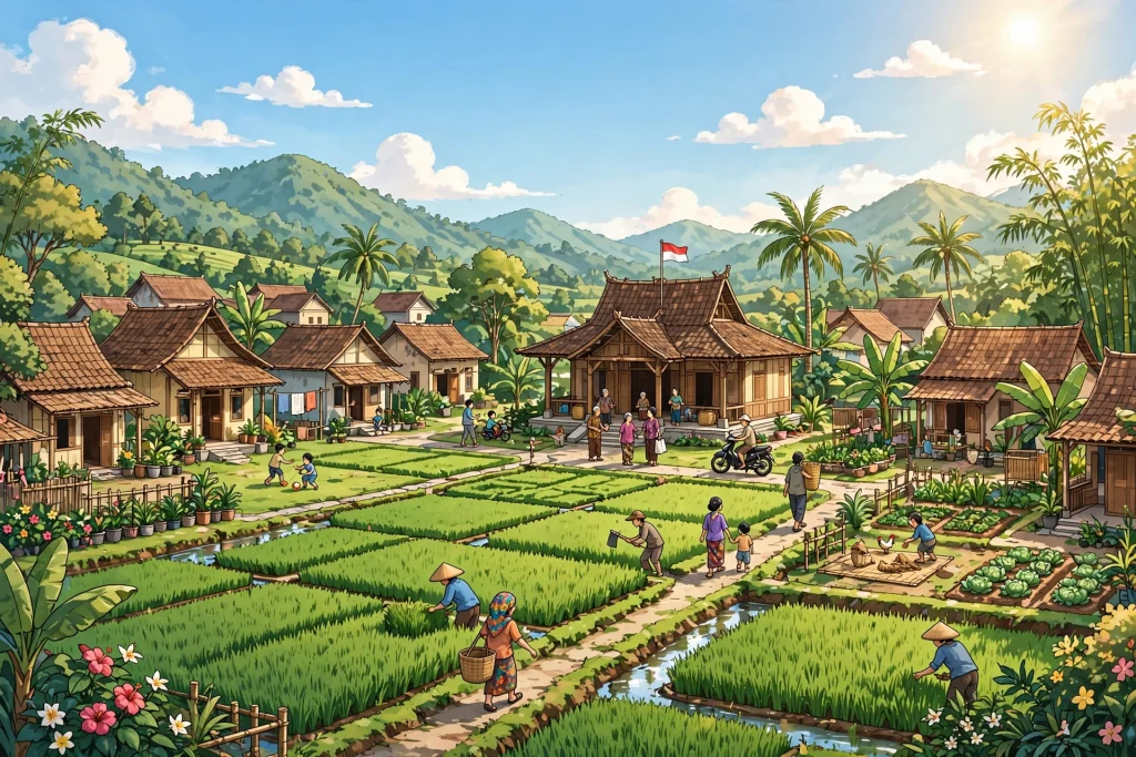 Ilustrasi desa Indonesia yang hijau dan tertata sebagai gambaran buku induk penduduk untuk pembangunan desa