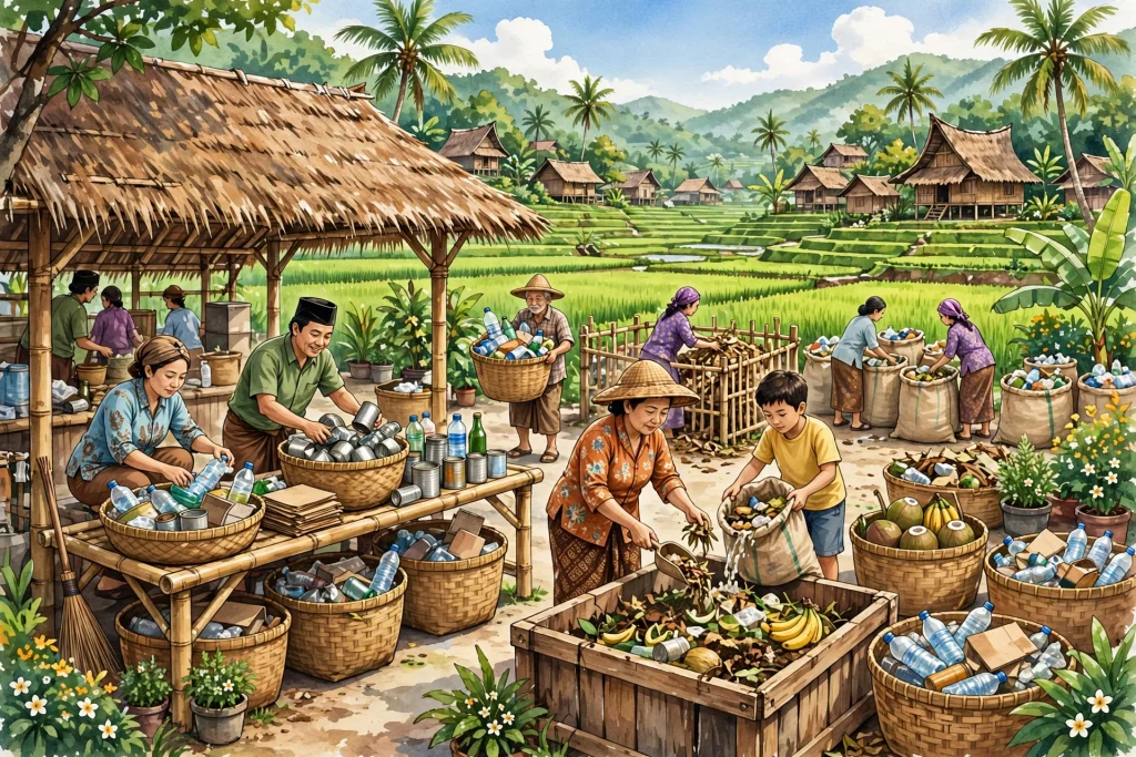 Ilustrasi pengelolaan sampah desa: warga memilah sampah di bank sampah desa