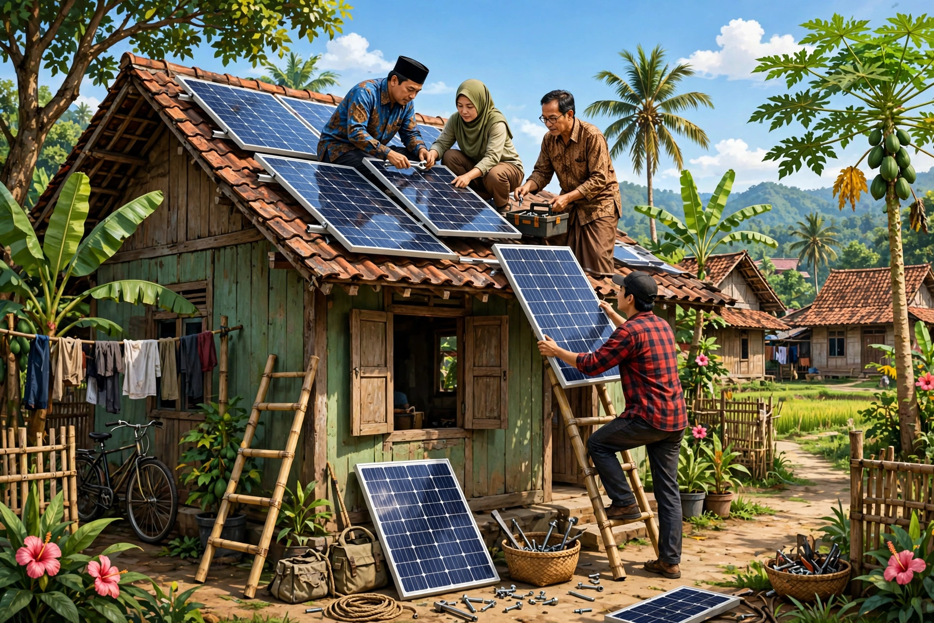 Warga desa berenergi bersih memasang panel surya di atap rumah