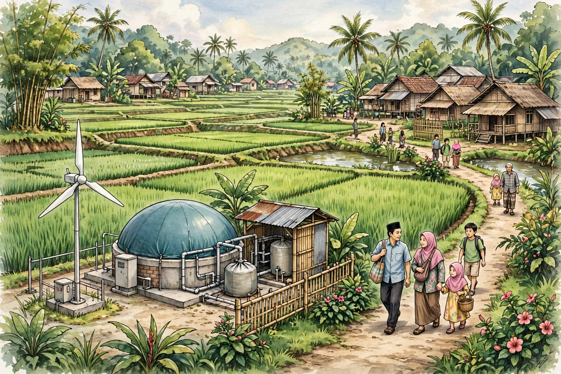 Turbin angin dan instalasi biogas di desa berenergi bersih