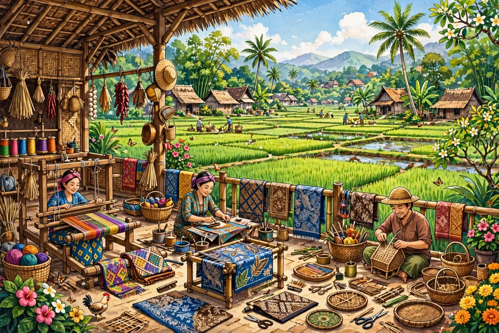 Ilustrasi desa kreatif dengan para pengrajin seni dan kerajinan Indonesia