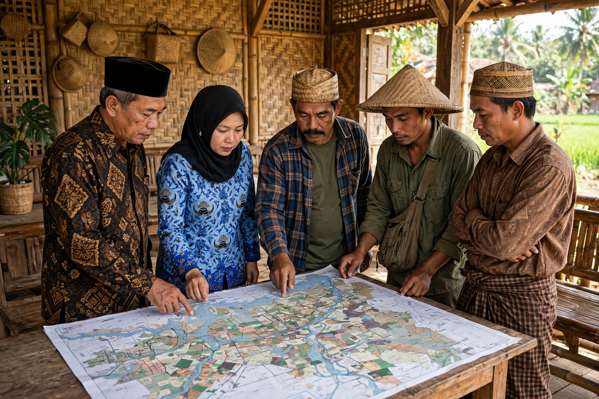 Perangkat desa dan warga memeriksa peta blok desa untuk pemetaan infrastruktur