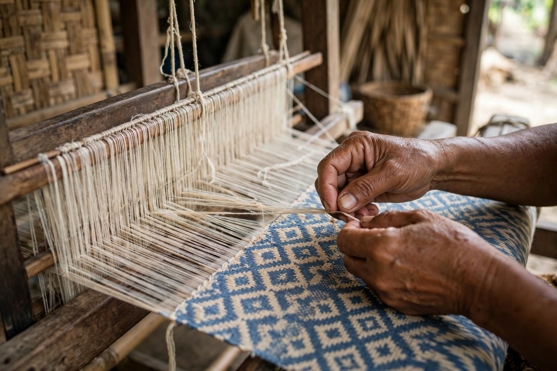 Tangan pengrajin menenun benang katun di alat tenun kain katun tradisional