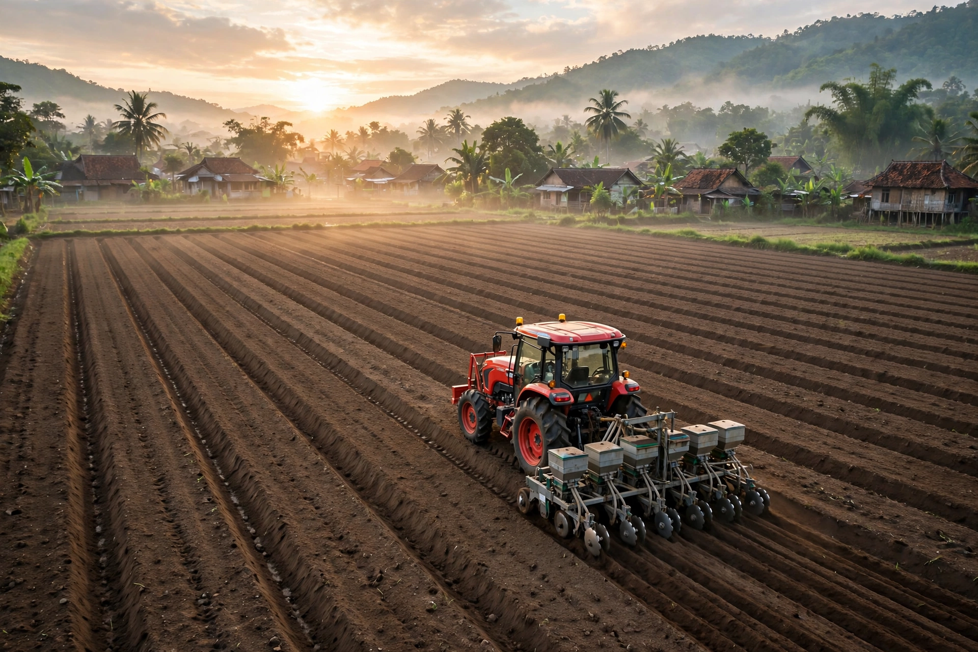 Traktor dengan mesin penyemai menanam benih membentuk barisan lurus di lahan pertanian desa saat matahari terbit