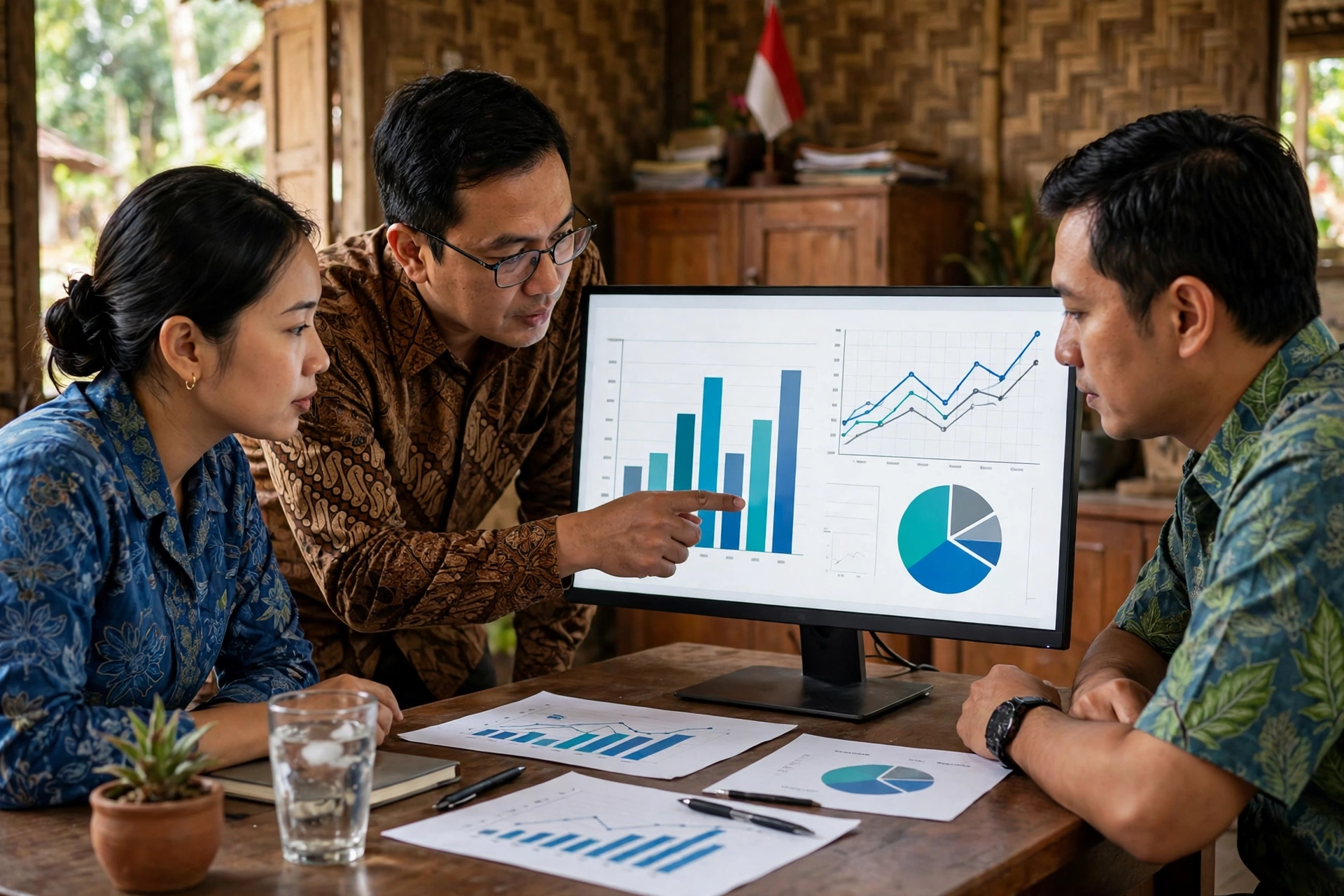 Perangkat desa menganalisis dasbor digital layanan warga dengan teknologi kecerdasan buatan desa