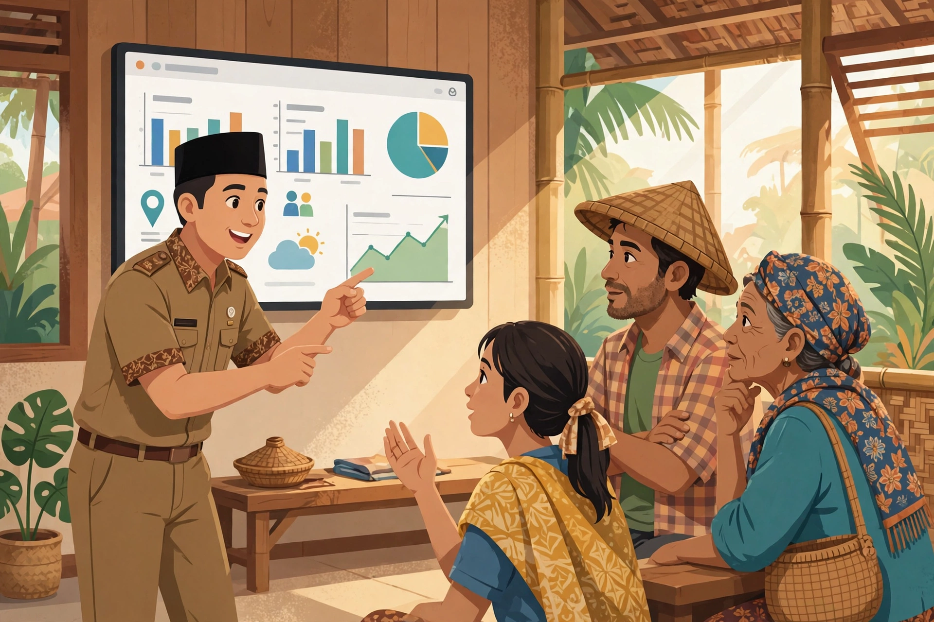 Perangkat desa menunjukkan dashboard sistem informasi desa transparansi kepada warga di balai desa