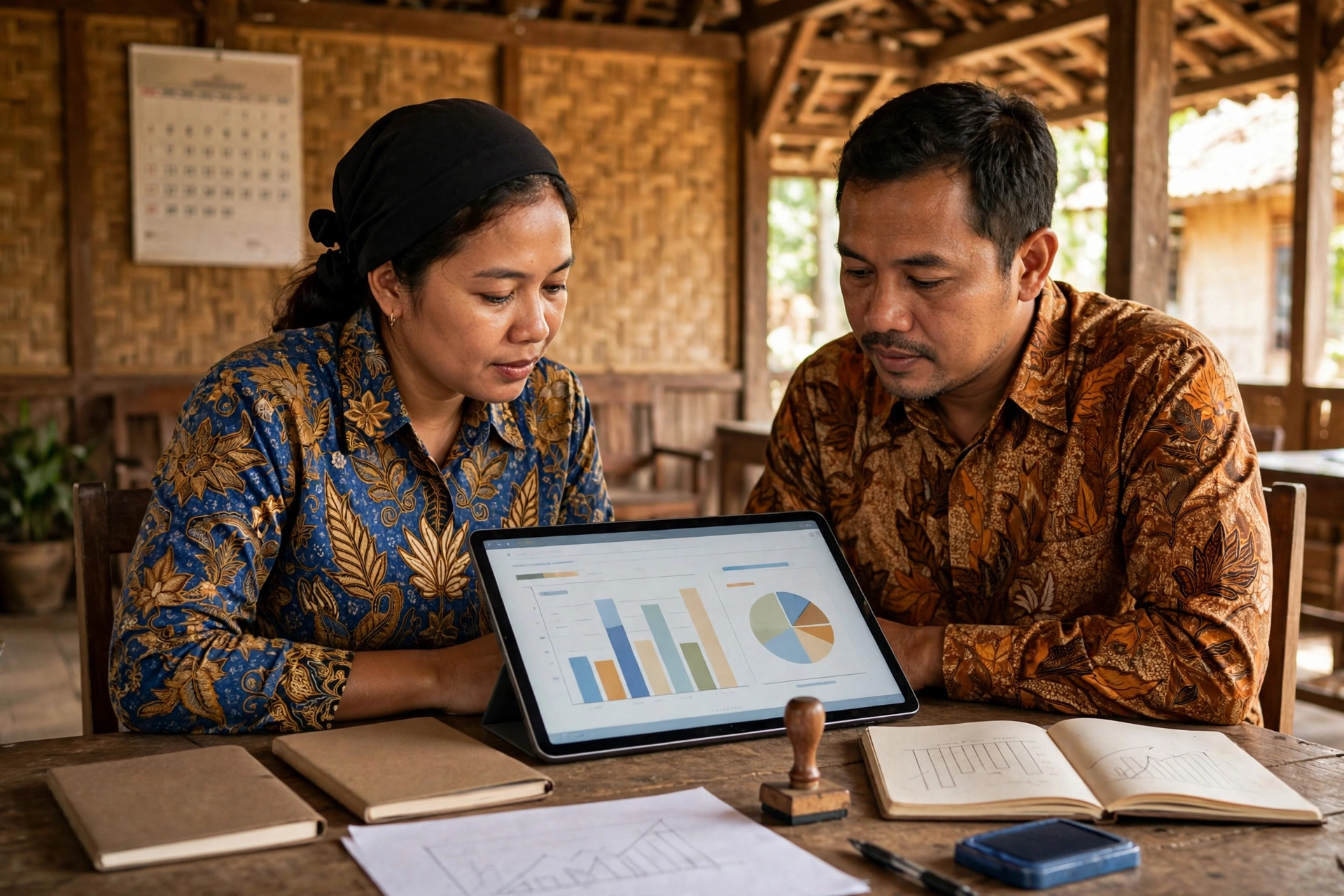 Perangkat desa meninjau laporan administrasi keuangan desa