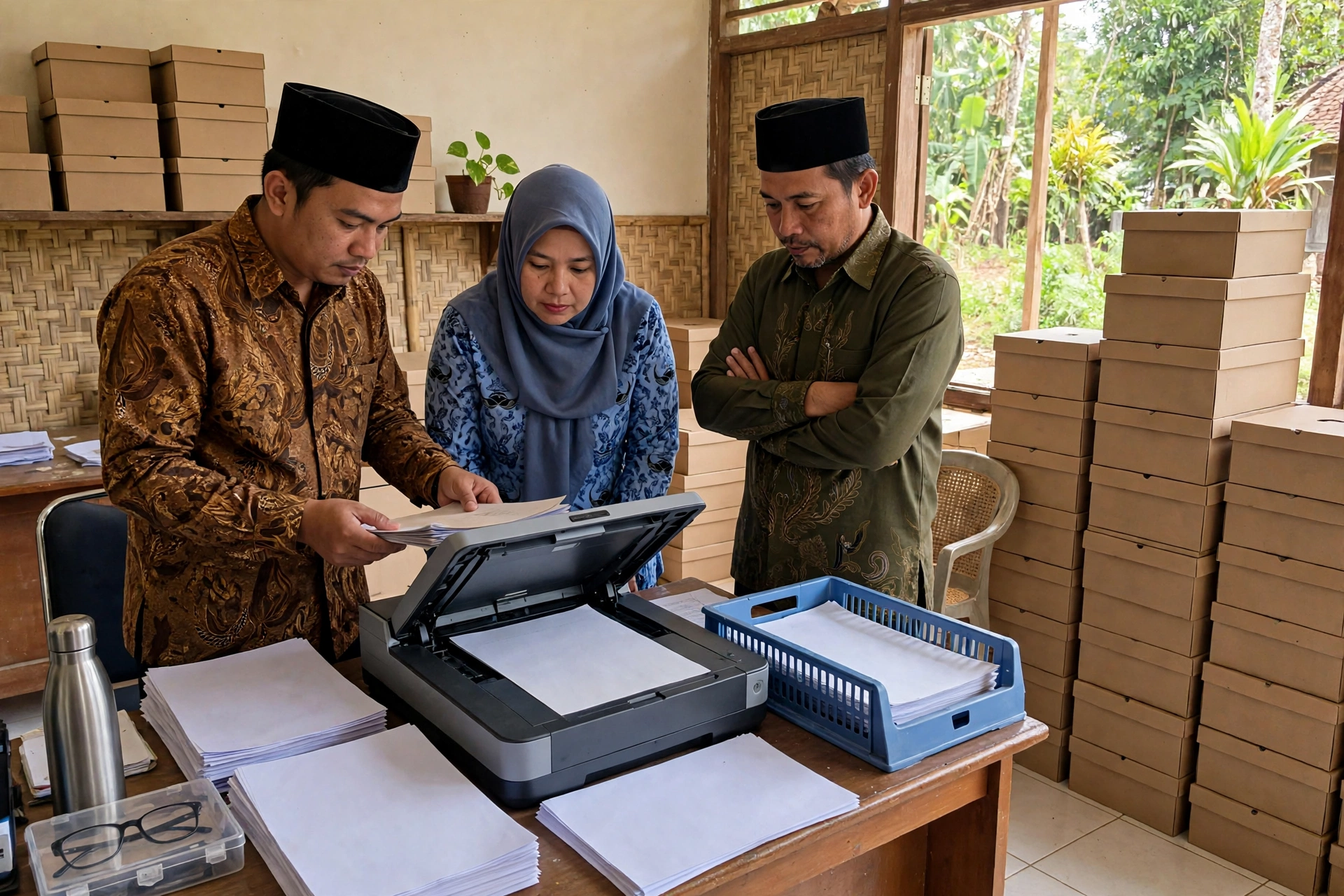Ilustrasi manajemen dokumen desa yang rapi dan sistematis di kantor desa