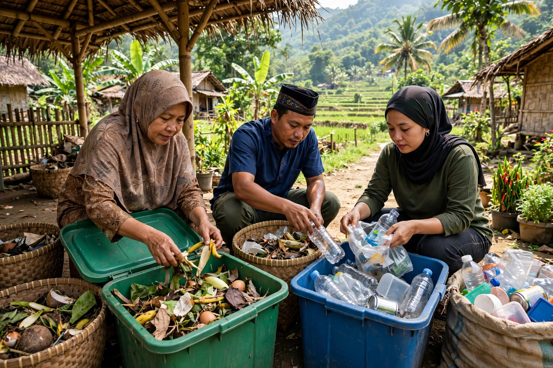 Warga desa memilah sampah organik dan anorganik dalam pengolahan sampah bebas bau