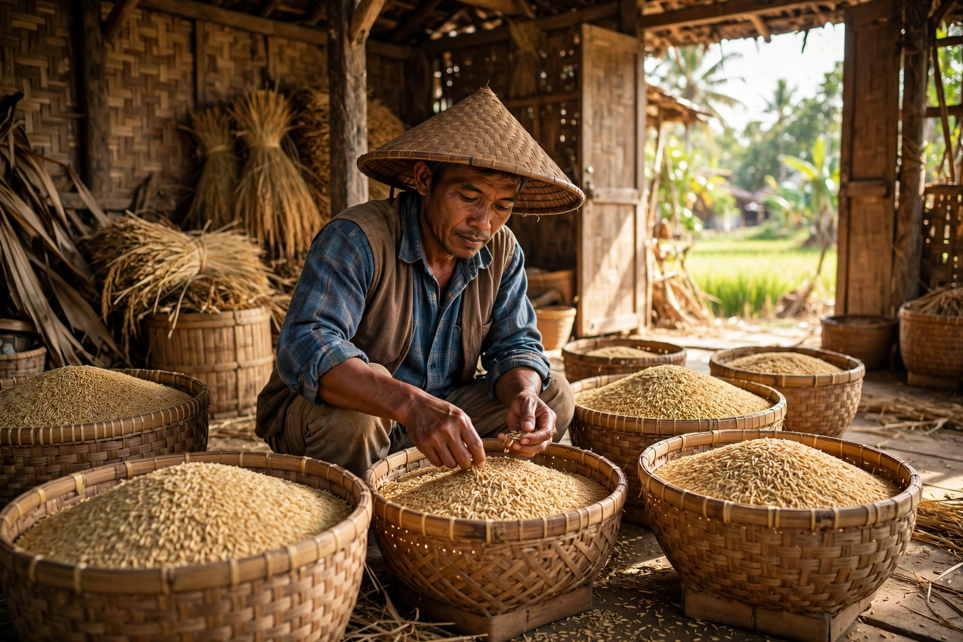 Petani desa menyortir benih unggul di lumbung desa