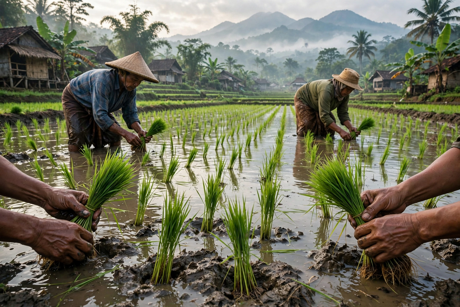 Petani Indonesia menanam benih unggul padi untuk meningkatkan hasil panen
