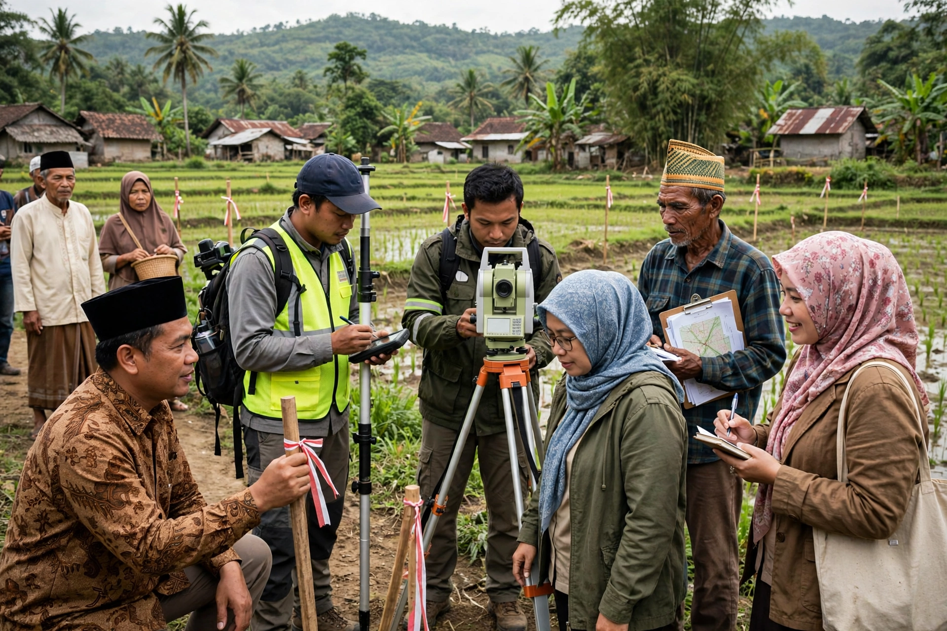 Petugas dan warga desa memetakan peta batas desa di lapangan