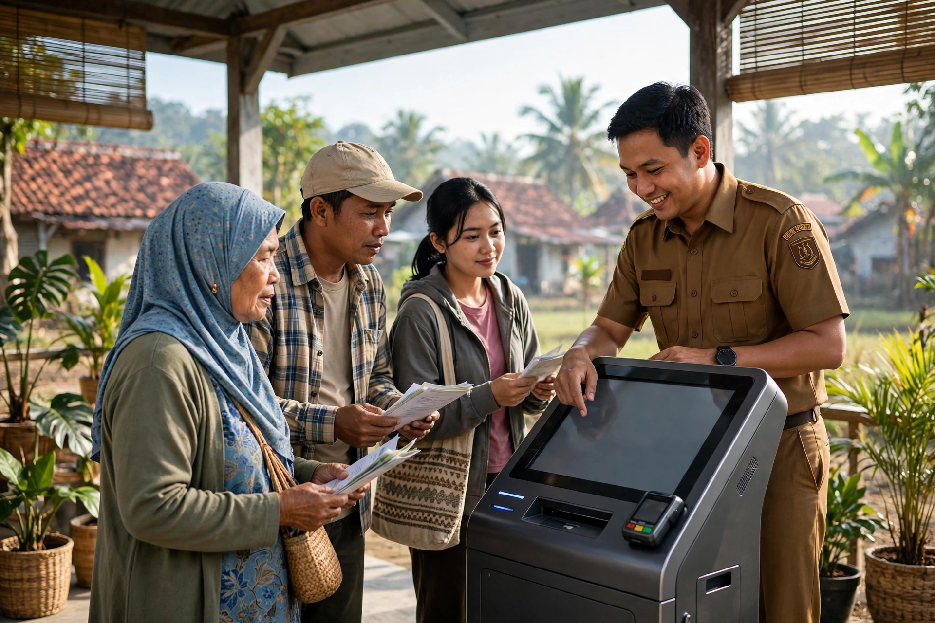 Warga desa mengurus surat administrasi di anjungan layanan digital sistem informasi desa