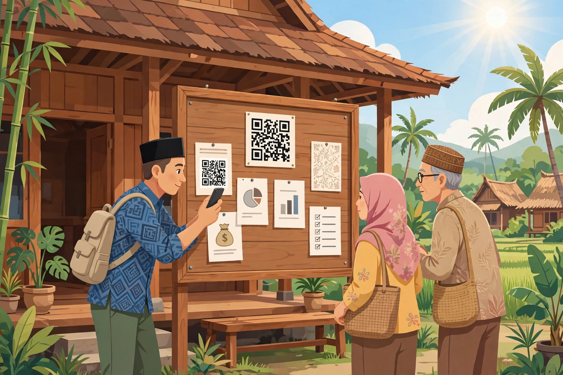 Warga memindai kode QR papan pengumuman sistem informasi desa transparansi di depan kantor desa