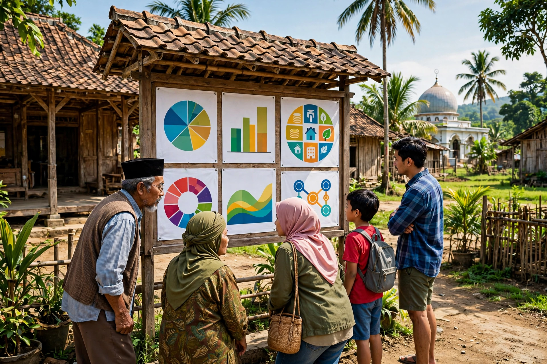 Warga membaca informasi anggaran administrasi keuangan desa di papan pengumuman