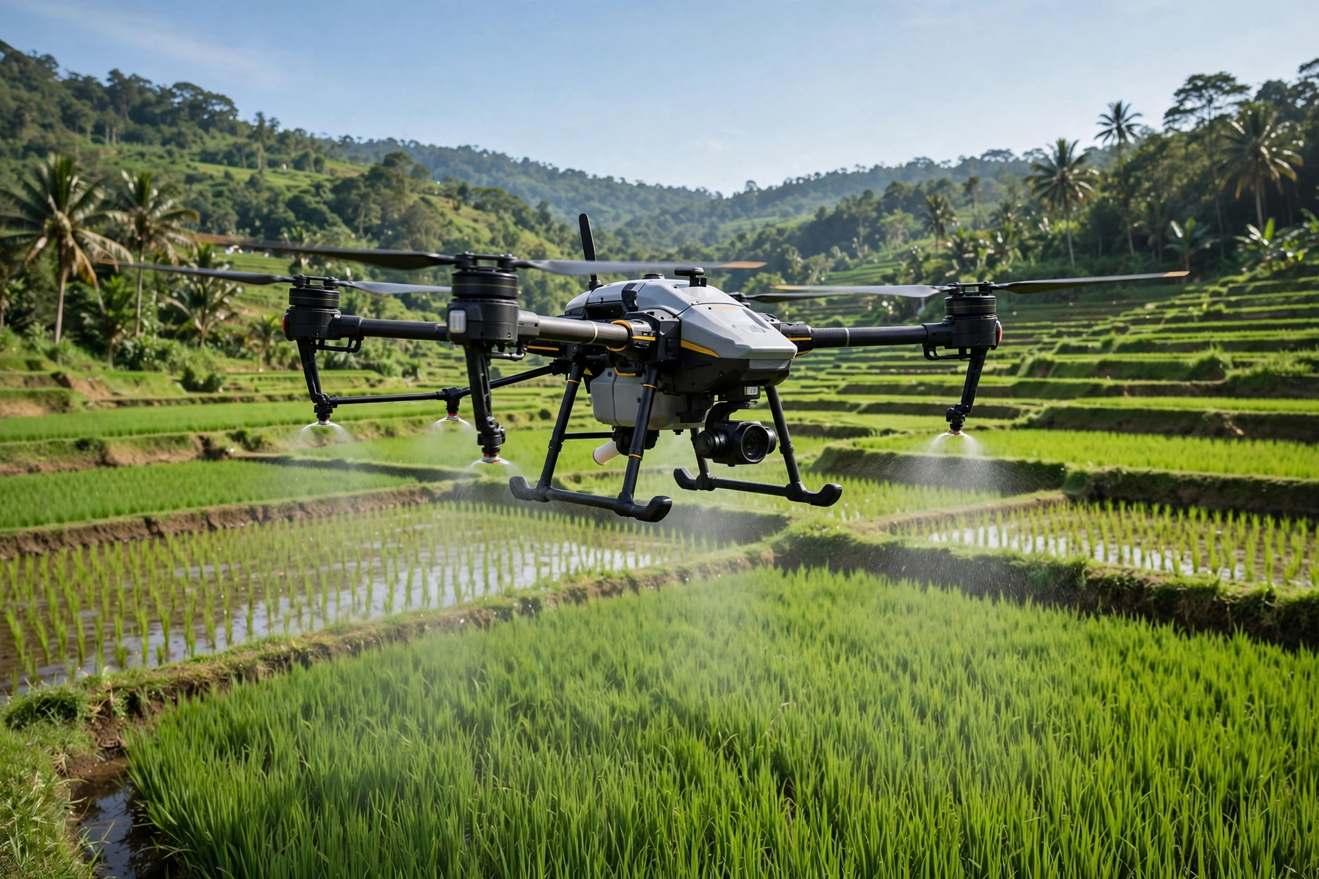 Drone pertanian menyemprot lahan sawah untuk meningkatkan hasil panen desa