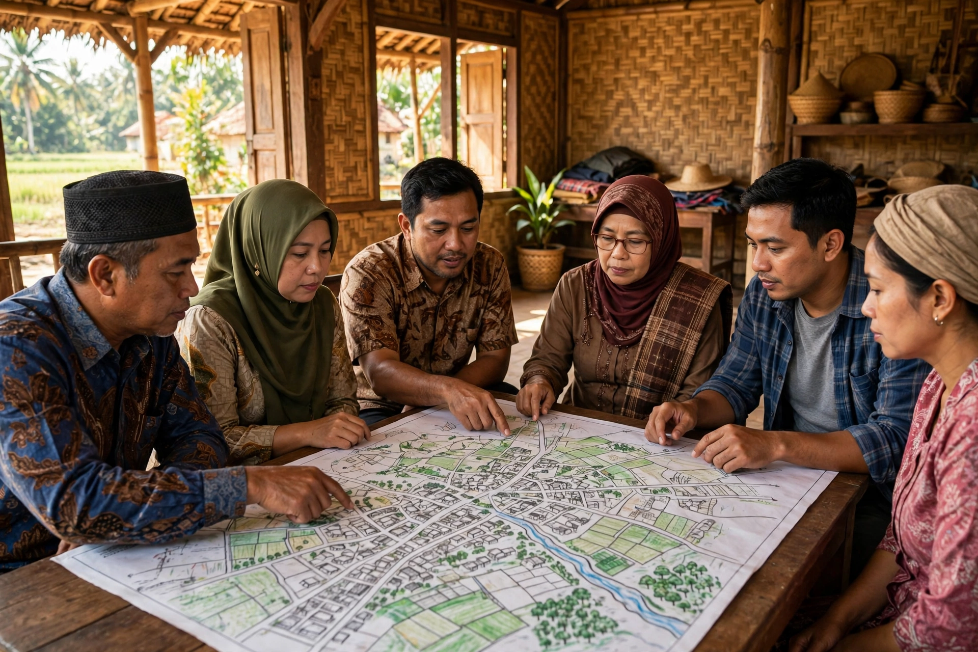 Musyawarah warga desa menyusun masterplan desa ramah lingkungan di balai desa