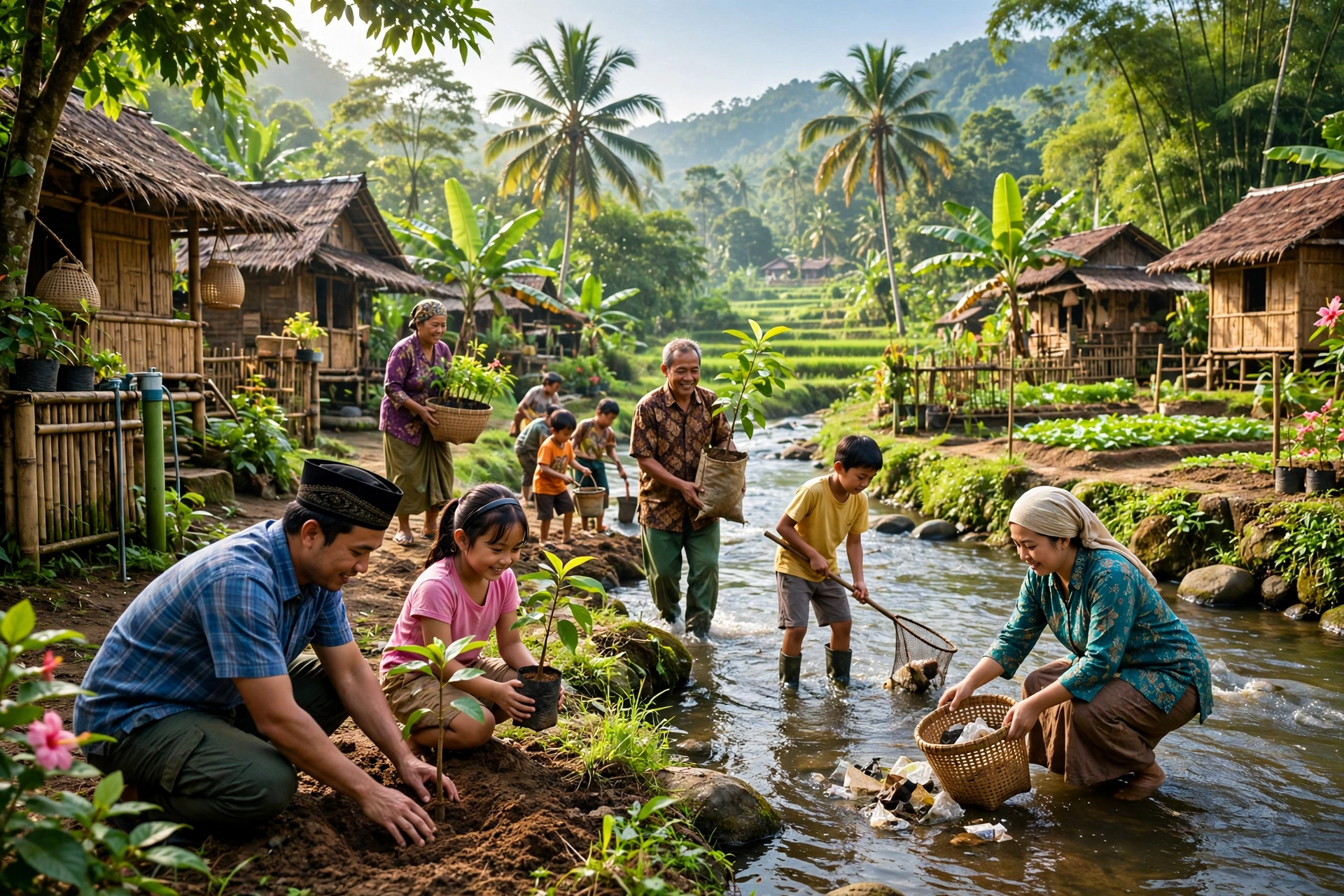 Warga desa menanam pohon dan membersihkan sungai sebagai bagian dari perencanaan desa ramah lingkungan