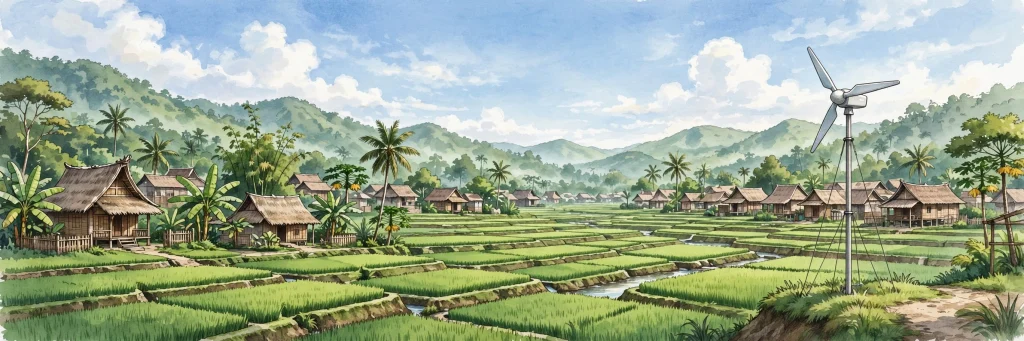 Ilustrasi kincir angin mikro sebagai solusi energi terbarukan untuk rumah tangga di desa Indonesia