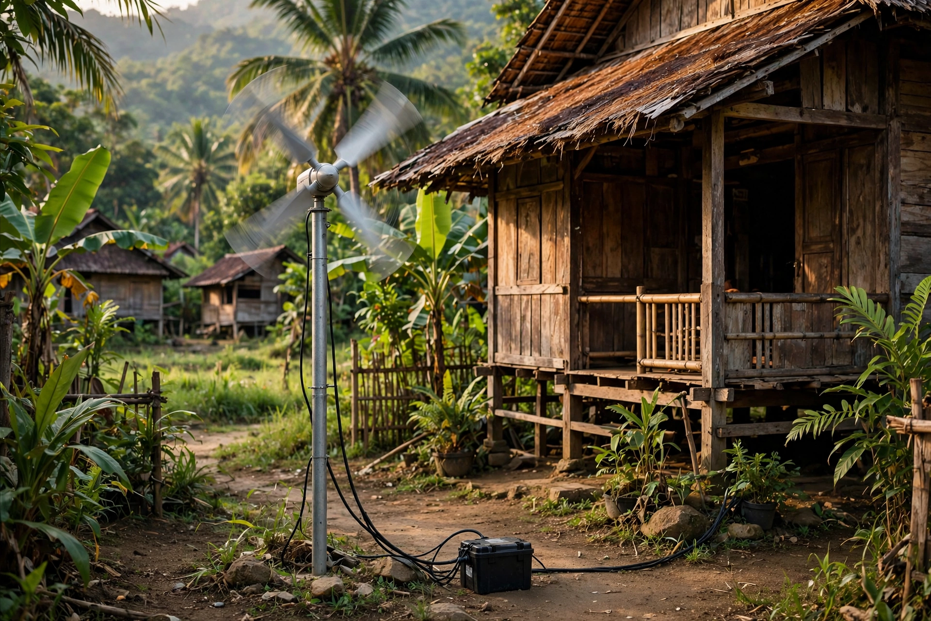 Kincir angin mikro terpasang di samping rumah desa sebagai solusi energi terbarukan rumah tangga