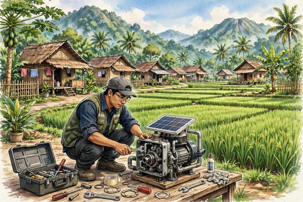 Ilustrasi layanan purna jual: teknisi memperbaiki peralatan teknologi tepat guna di desa Indonesia