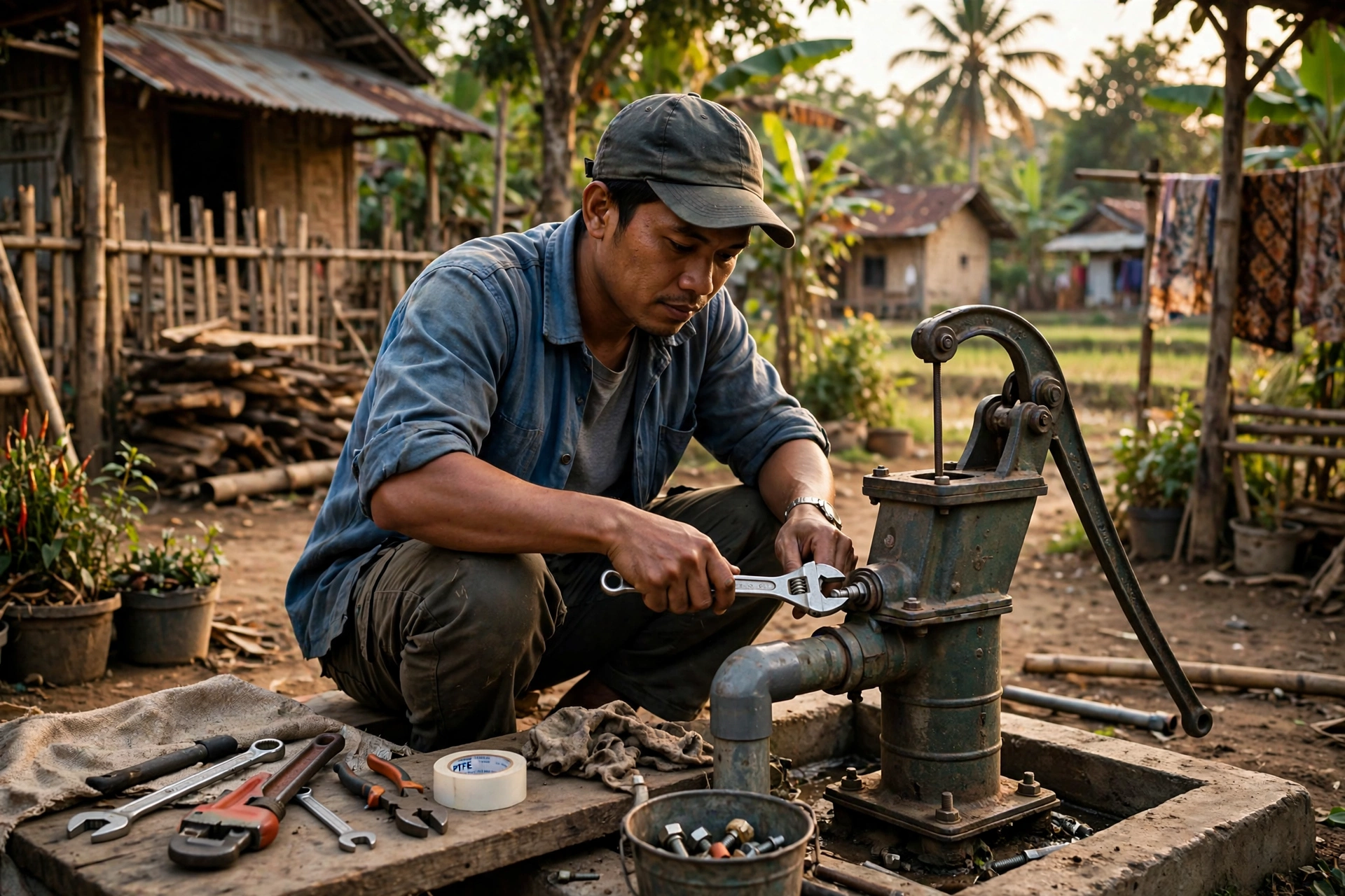 Teknisi melakukan layanan purna jual untuk pompa air desa