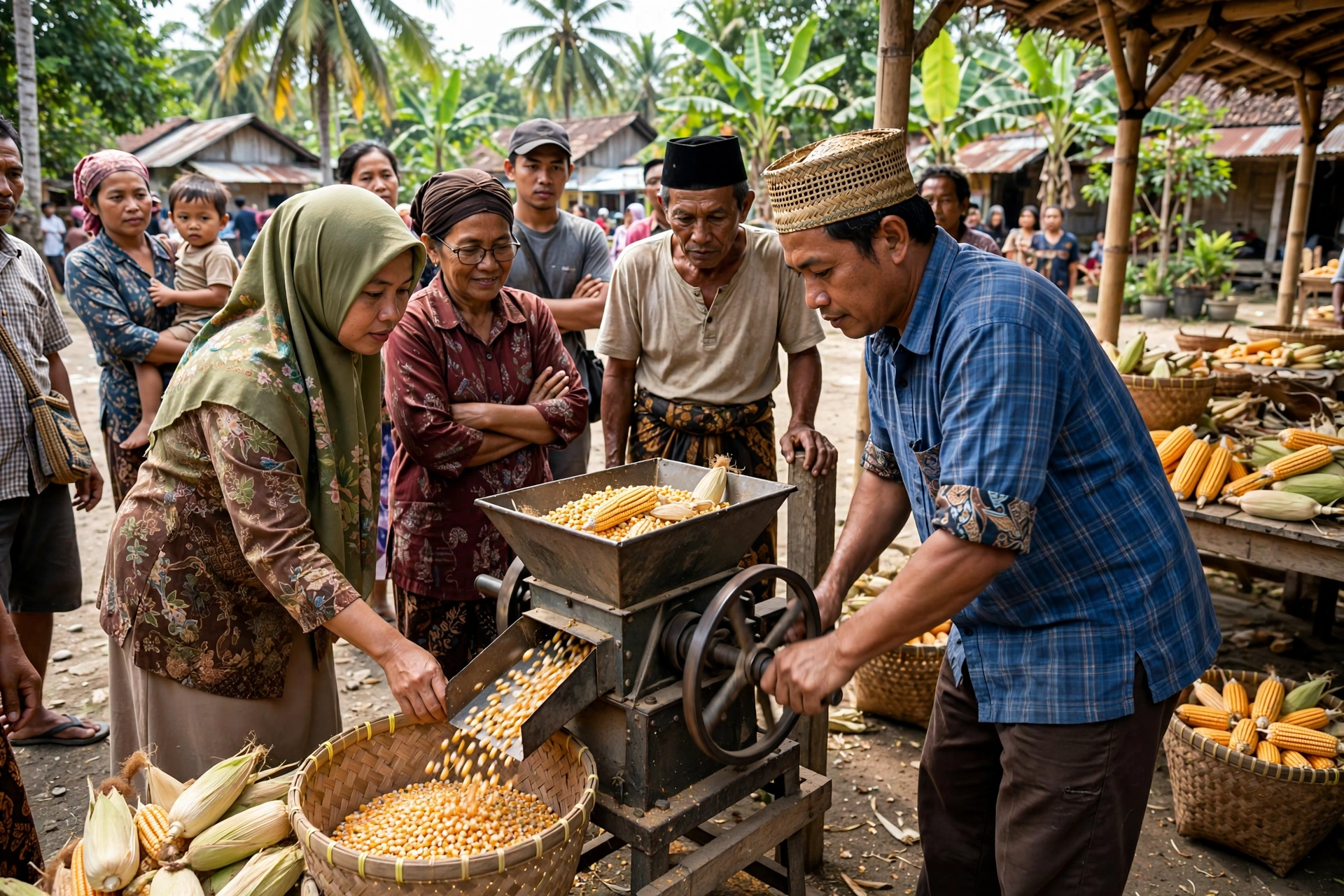 Demonstrasi pameran teknologi tepat guna: warga desa mencoba mesin pertanian sederhana