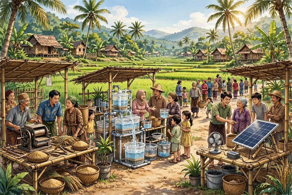 Pameran teknologi tepat guna di desa Indonesia dengan warga mencoba mesin pertanian sederhana