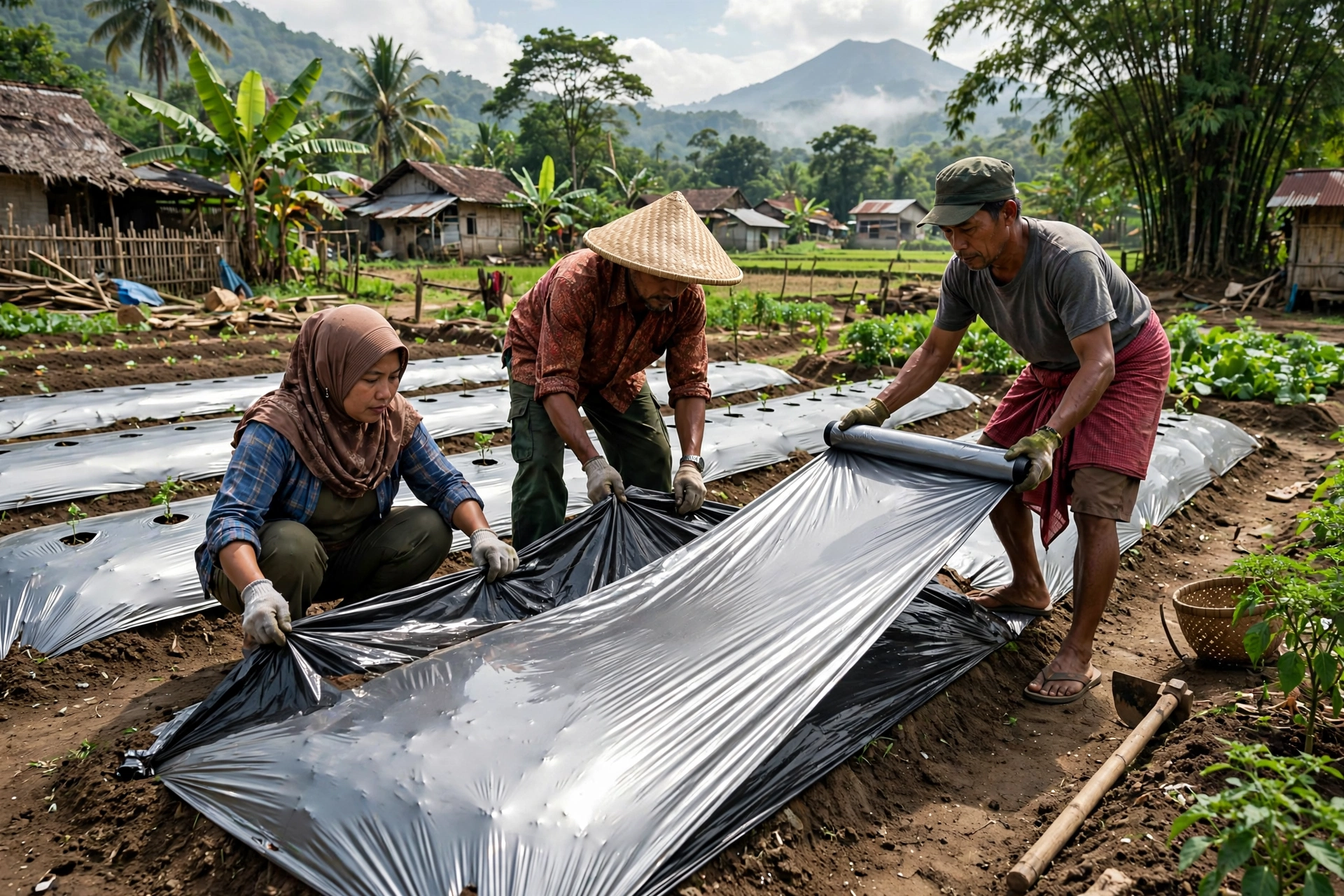 Petani desa memasang mulsa plastik hitam perak di bedengan sayuran