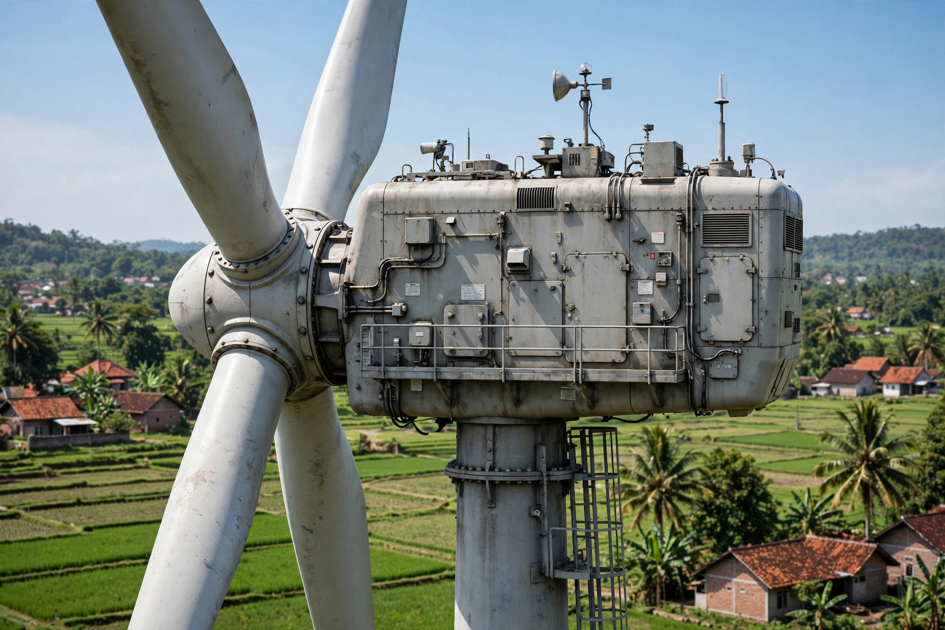 Close-up nacelle kincir angin dan bilah rotor turbin angin di desa Indonesia