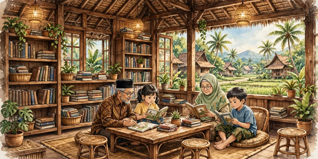 Ilustrasi perpustakaan desa yang hangat dengan warga membaca bersama