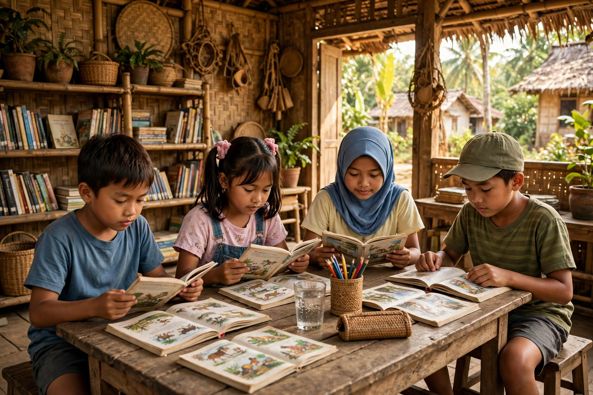 Anak-anak desa membaca buku bersama di perpustakaan desa