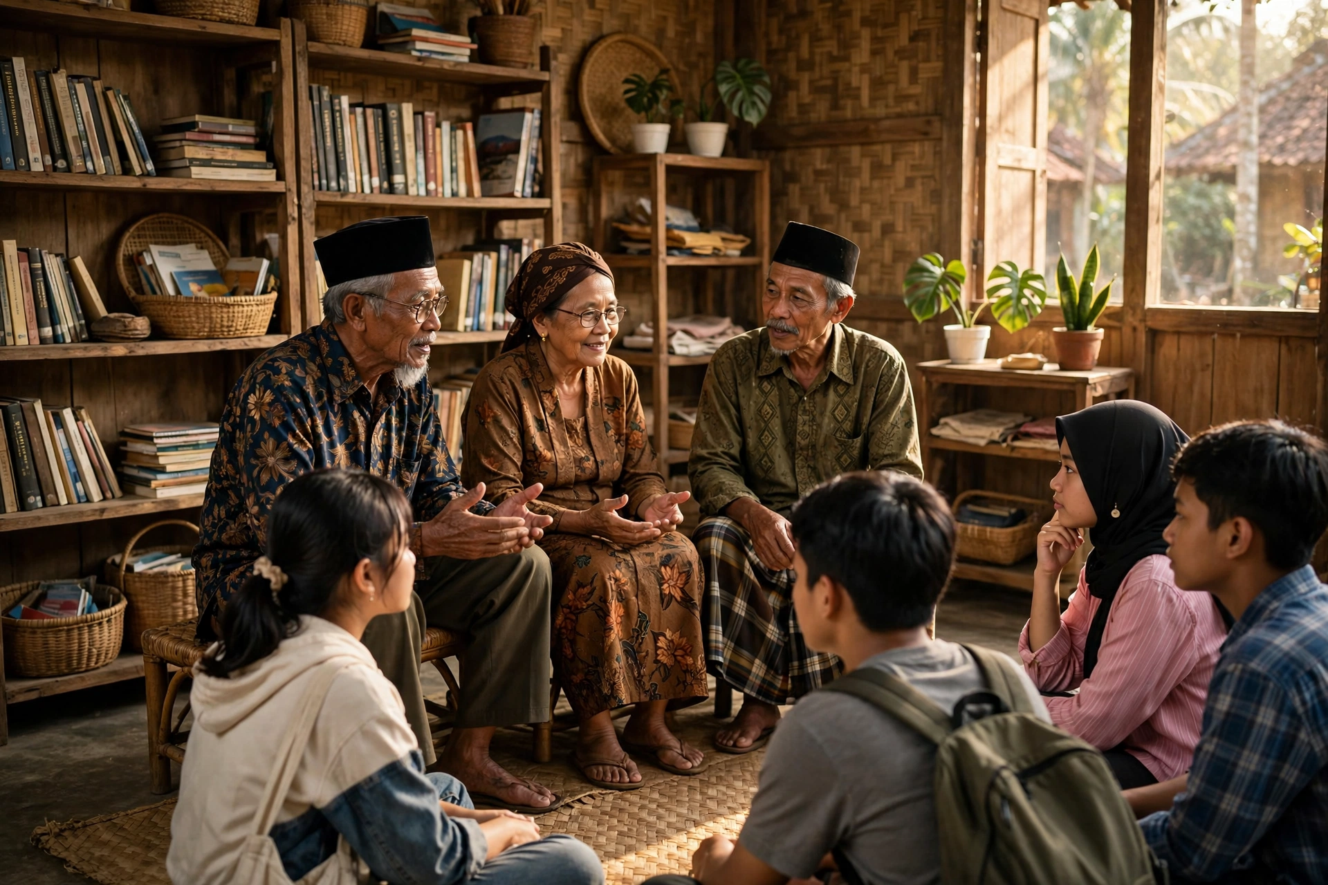 Sesepuh desa bercerita kepada generasi muda di perpustakaan desa