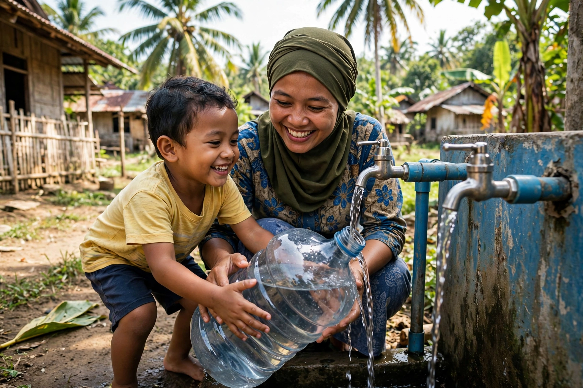 Warga desa mengambil air minum bersih dari instalasi filtrasi