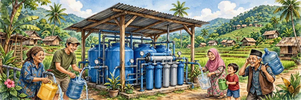 Instalasi sistem reverse osmosis komunal untuk air minum bersih di desa Indonesia