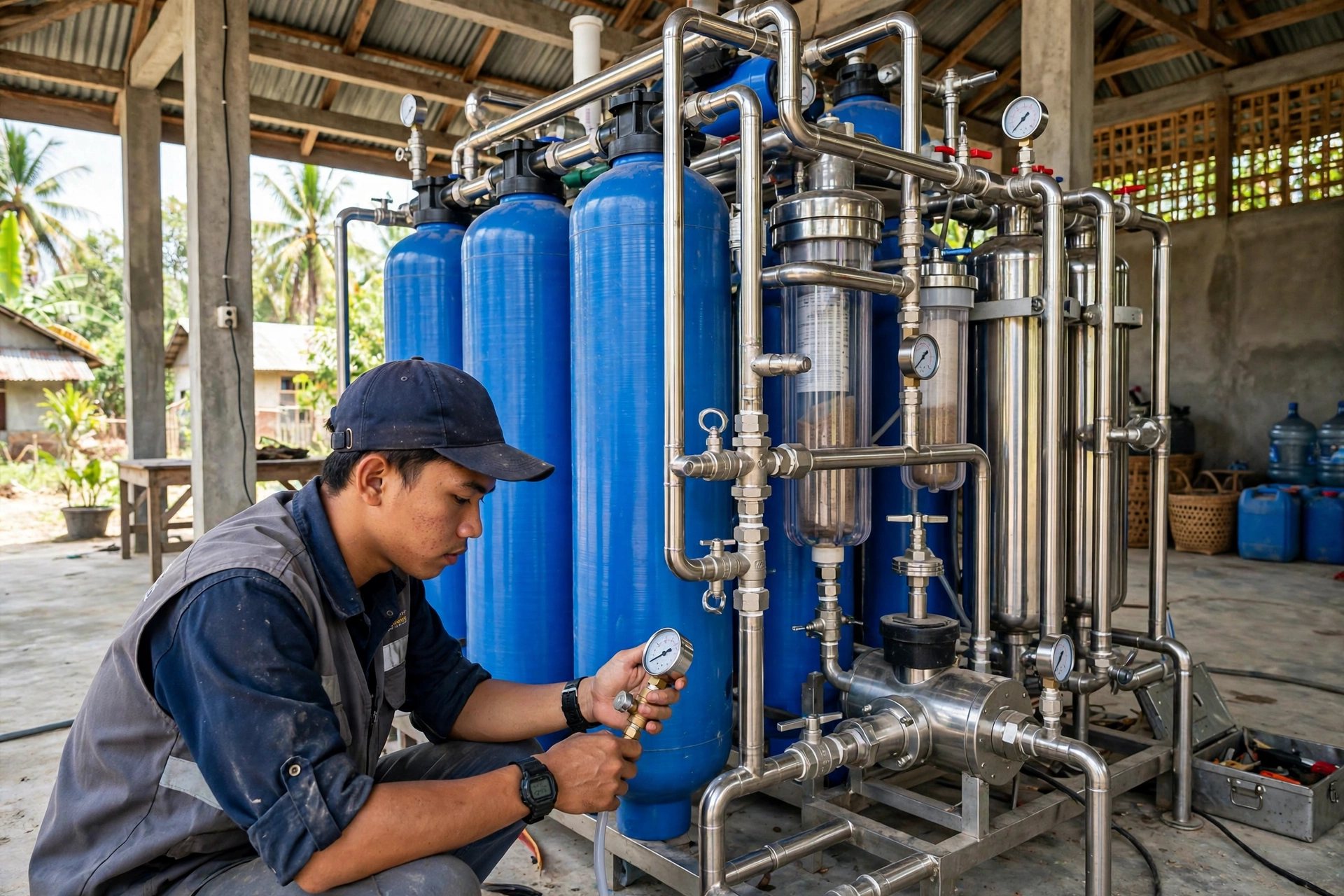 Instalasi sistem reverse osmosis untuk air minum bersih di desa