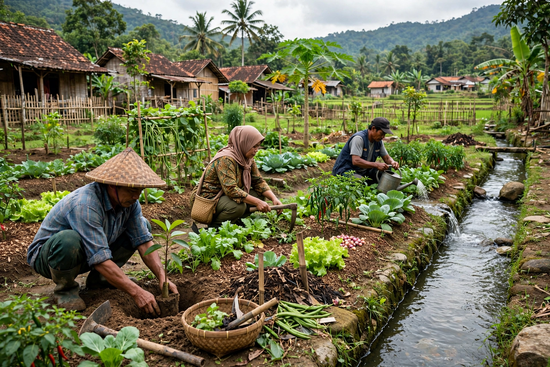 Petani menanam pohon dan merawat kebun sumber daya alam desa