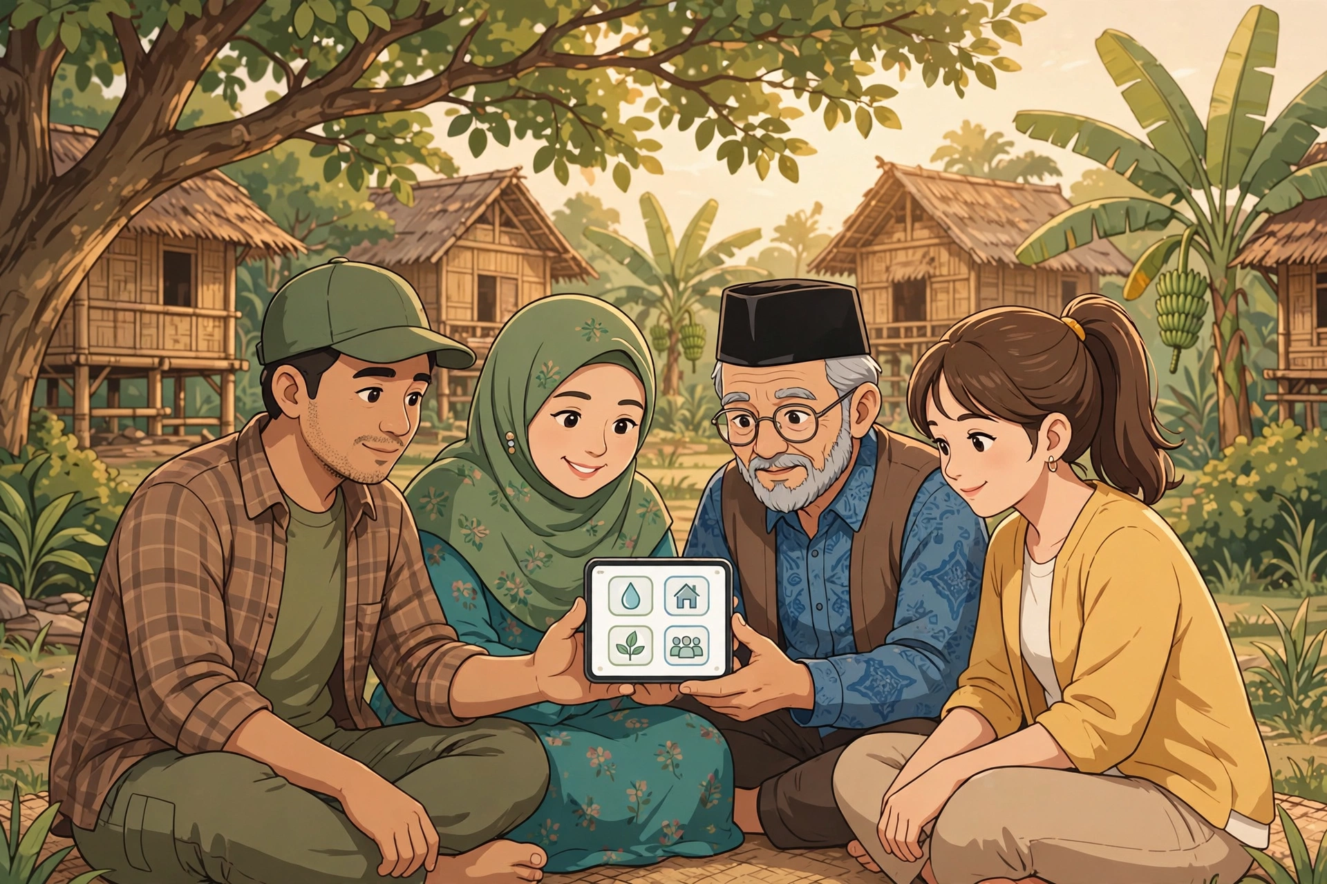 Warga desa bermusyawarah menggunakan aplikasi sistem informasi berbasis kecerdasan buatan di ponsel